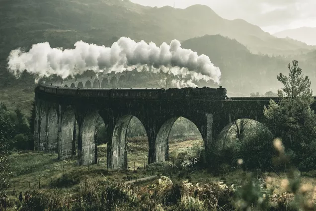 A steam train on a bridge