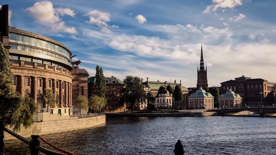 The Swedish parliament building in Stockholm from the water