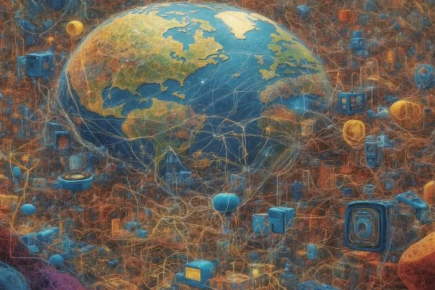 Illustration of the earth surrounded by computers and connections.