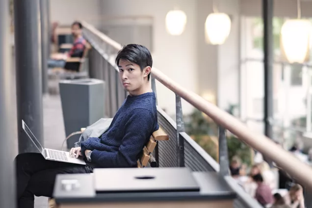 Student at library with laptop. Photo.