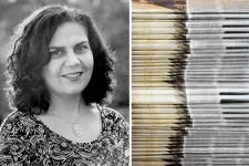 Dalia Abdelhady's portrait photo next to a stack of newspapers