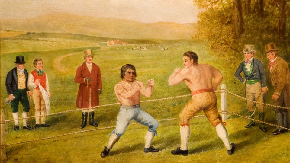 En målad tavla som avbildar två män i slagsmål