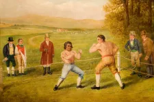 En målad tavla som avbildar två män i slagsmål