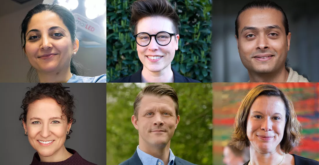Porträtt på de sex nya ledamöter i Sveriges unga akademi. Foto. 