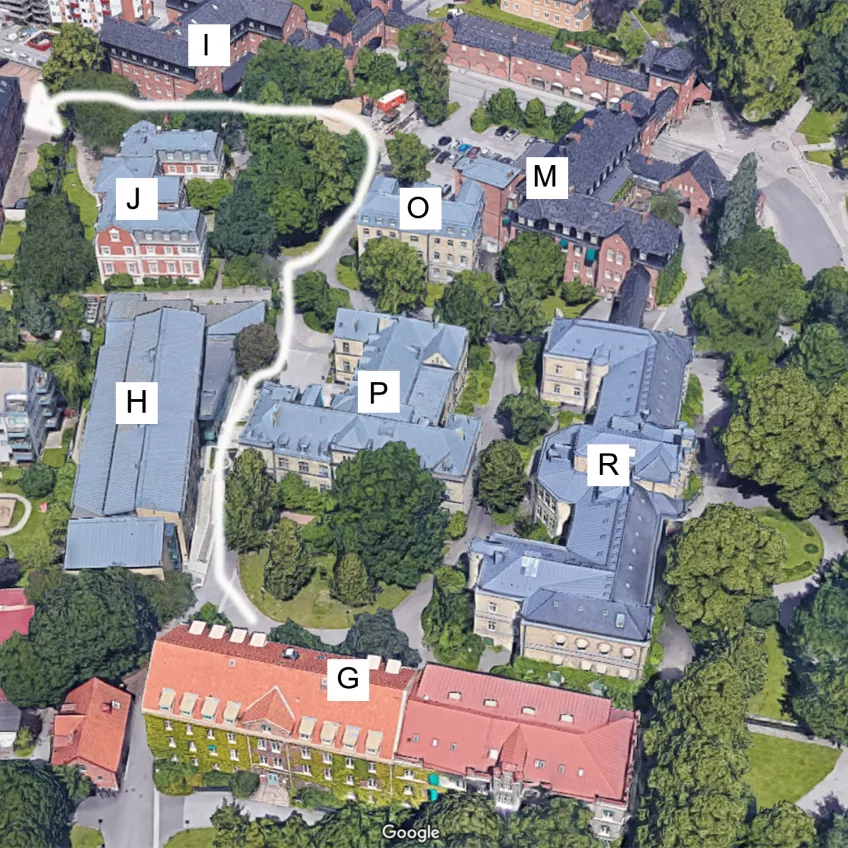 Karta över Campus Paradis med vägbeskrivning från Hus G till Allhelgonaskolan, precis bakom Hus J.