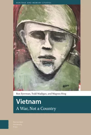 Bokomslag för boken "Vietnam, a war, not a country". Omslaget visar en målning av en man med militärhjälm.
